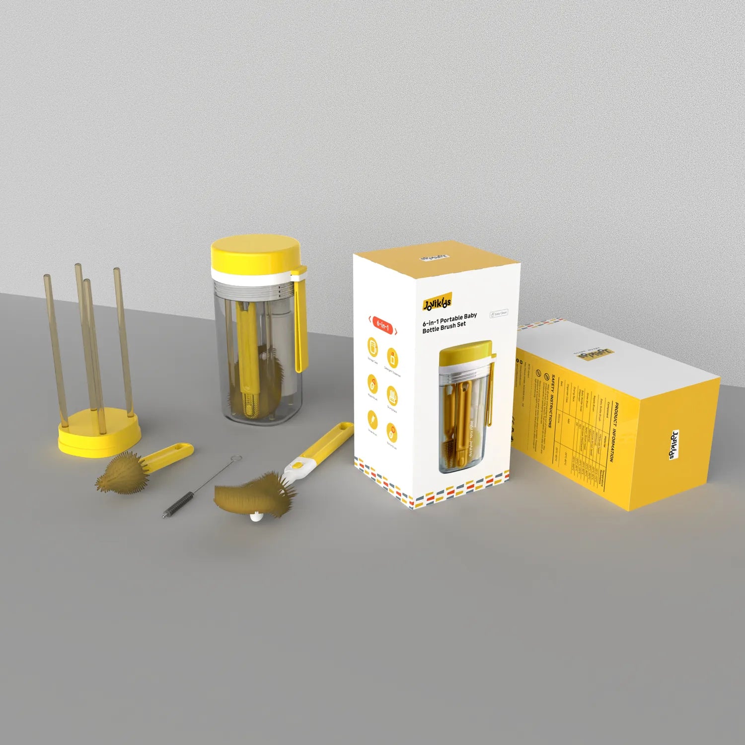 Jovikids Portable 6-in-1 Baby Bottle Brush Set – Yellow