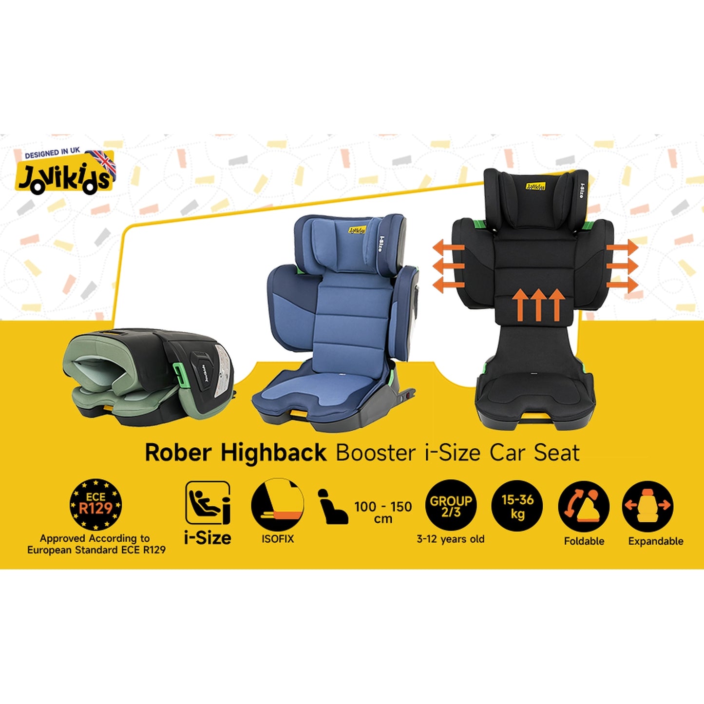 Rober i-Size Booster Car Seat ISOFIX Cabin Size, 3-12Y - Blue - Jovikids